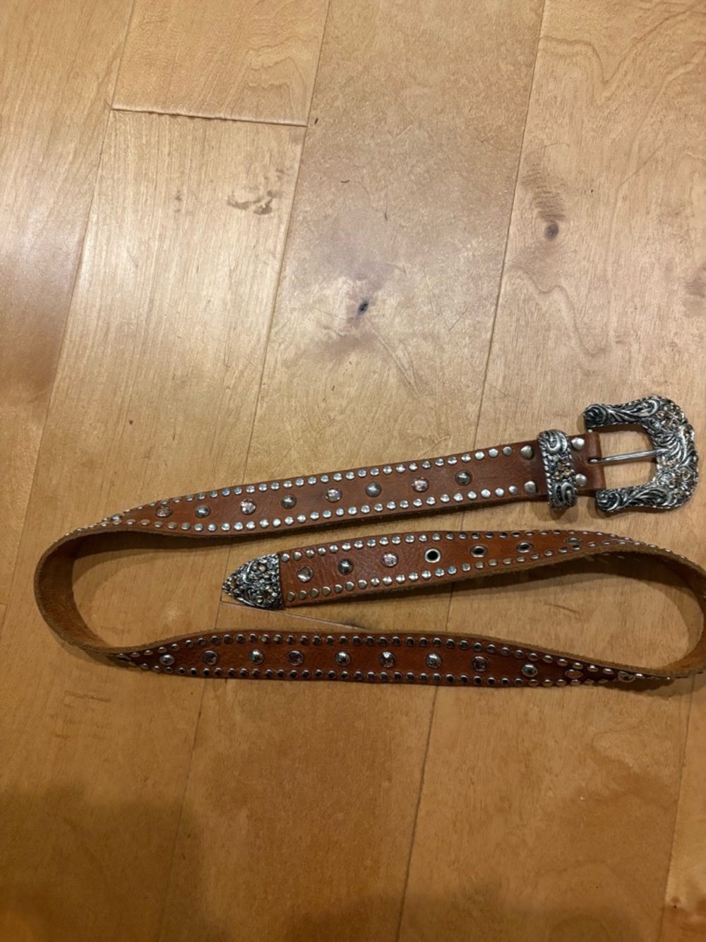 Leather western belt with rhinestones brown sz M 1.5” wide cowgirl
